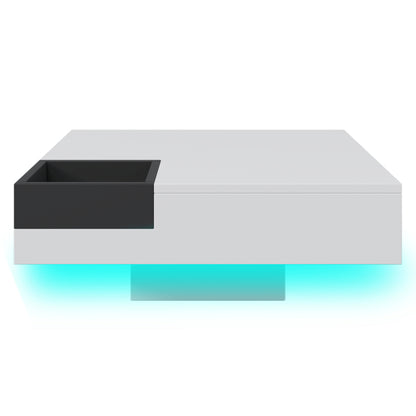 Couchtisch, Hochglanz-Wohnzimmertisch, Beistelltisch mit abnehmbarer Aufbewahrungsbox, Farbblockweiß und Schwarz, 72*72*30 cm, Mit LED-Lichteffekt