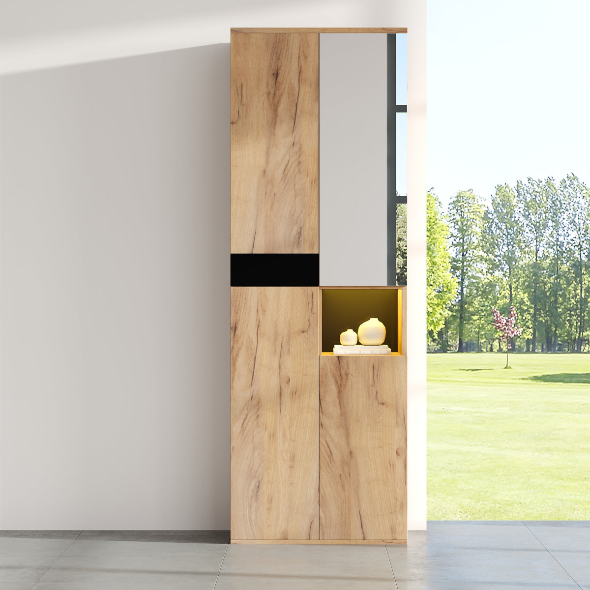 Hochschrank Schwarz/Natur 65x35x190 cm mit Spiegel, 4 Türen & offenem Fach, Mehrzweckschrank mit Stauraum