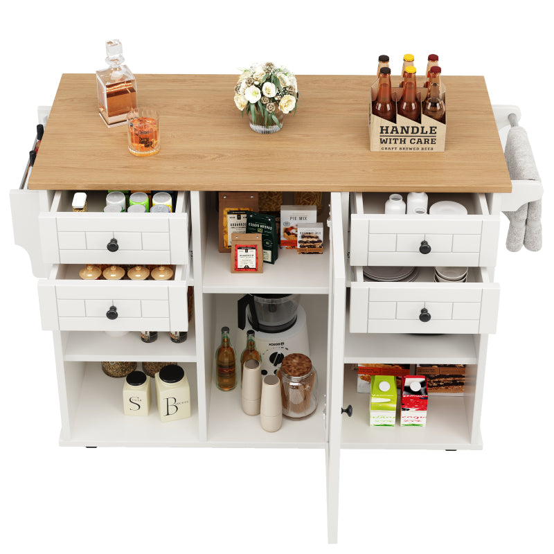 Moderne Kücheninsel (127×46×91,5cm) Küchenschrank Essschrank mit Holzmaserung Esswagen mit multifunktionalem Stauraum und herausnehmbaren Trennwänden, weiß