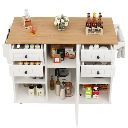 Moderne Kücheninsel (127×46×91,5cm) Küchenschrank Essschrank mit Holzmaserung Esswagen mit multifunktionalem Stauraum und herausnehmbaren Trennwänden, weiß