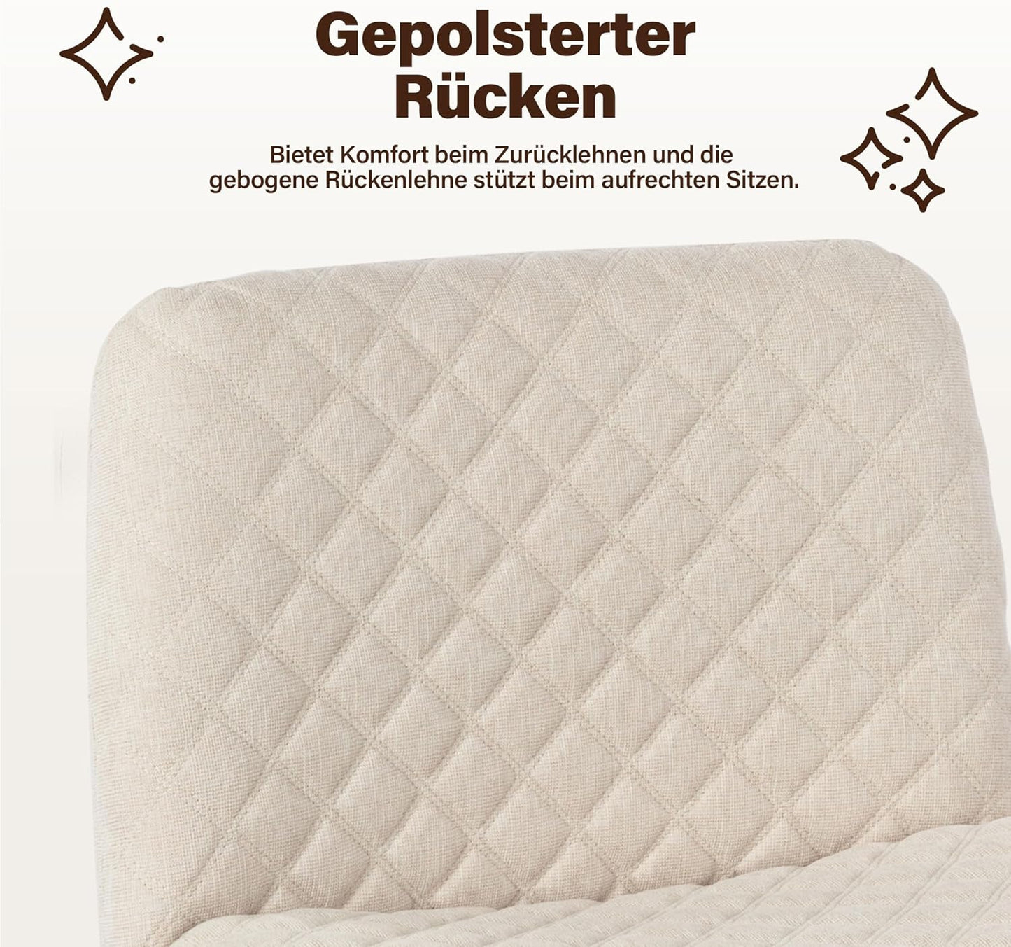 Bürostuhl Ohne Armlehnen,Home Office Stuhl Keine Räder,Heavy Duty Metallbasis,120°Schaukelnder breiter Sitz Ergonomischer Stuhl, Dicken gepolsterte Dreh Eitelkeit Stuhl für Heim und Büro Cream+Linen+Metal