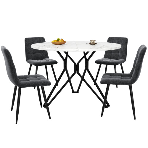Esstisch-Set (5-teilig), Esstisch-Set mit 4 Stühlen, Modernes Küchen-Esstisch-Set, Runder Küchentisch mit Durchmesser 100 cm, Schwarze Metallbeine, MDF-Marmor-Tischplatte, Graue Samt-Esszimmerstühle