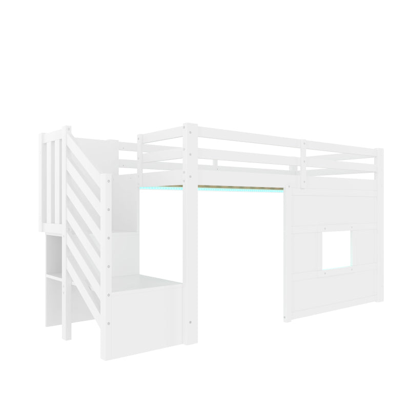 90x200 Hochbett mit Stauraumtreppe und Fenster, Weiß