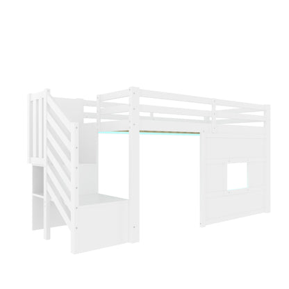 90x200 Hochbett mit Stauraumtreppe und Fenster, Weiß