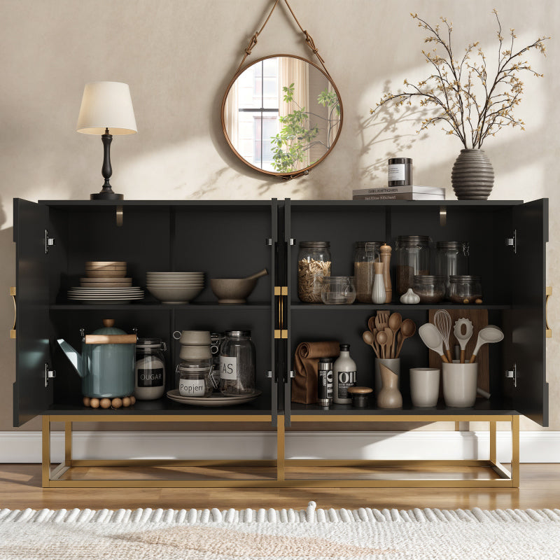 Esszimmerschrank (140×40×83cm), Esszimmer-Wohnzimmer-Aufbewahrungsschrank, einzigartiges Design, Schranktürdesign, freistehender Schrank, Minimalistisches Sideboard,Rundzugring Schranktür,Schwarz