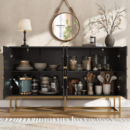 Esszimmerschrank (140×40×83cm), Esszimmer-Wohnzimmer-Aufbewahrungsschrank, einzigartiges Design, Schranktürdesign, freistehender Schrank, Minimalistisches Sideboard,Rundzugring Schranktür,Schwarz