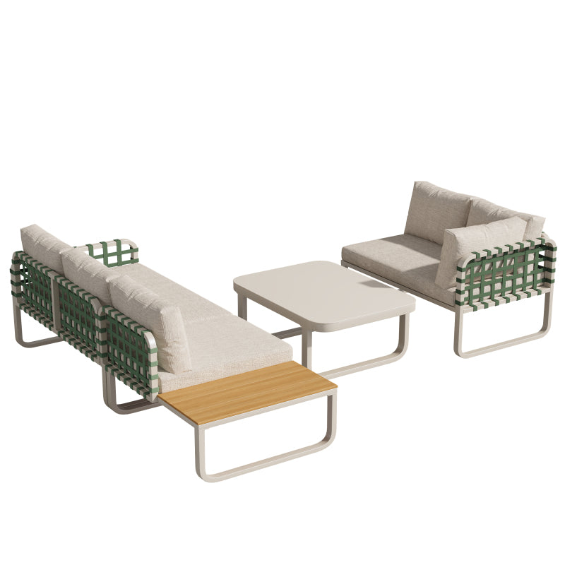 Garten Lounge Set (4-5 Sitzer), Grünes Leder Rattan Gartenmöbel Set, Modernes Outdoor Sofa Set inkl. aller Sitz- und Rückenkissen, Balkonset, Garten und Terrasse, Aprikose