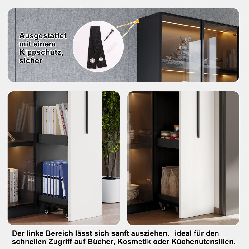 Multifunktionsschrank 110,5x35x160 cm, Schwarz-Weiß: Moderne Vitrine mit Glastür, LED, Seitenauszug, Rollschrank, ideal für Bücher, Bad, Esszimmer.