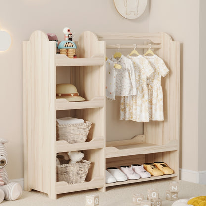 Kindergarderobe/Kinderkleiderschrank mit Kleiderstange & 4 Regalen, Aufbewahrung für Kinderzimmer, Standgarderobe Naturholz, 110*39*110 cm