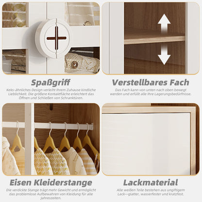 Kinder Kleiderschrank, zweitüriger Glastür-Schrank mit Kleiderstange und verschiebbaren Regalen, Keks-Form-Holzgriffen, weiß+natürliches Holz