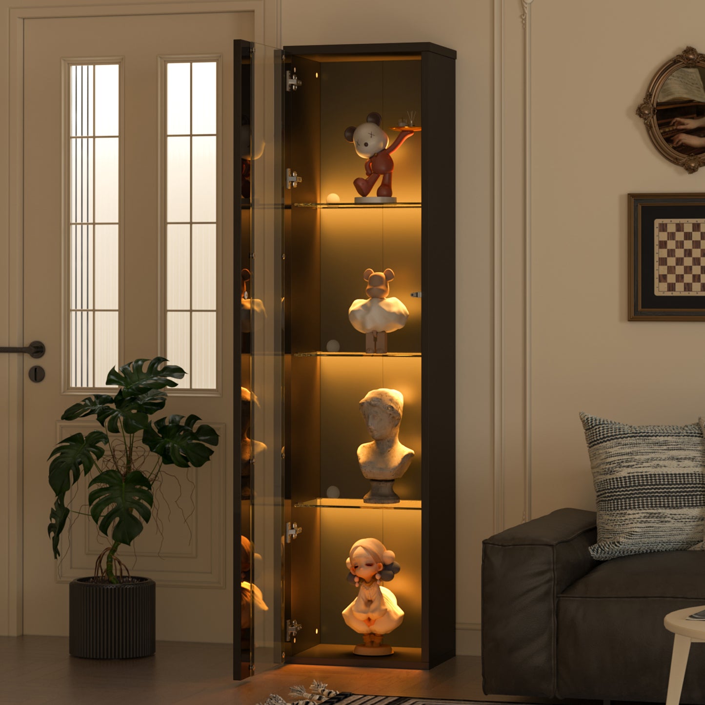 Multifunktionale Vitrine, Glastrennwand, LED-Farbwechsel Licht, schlichtes Design, Schwarz