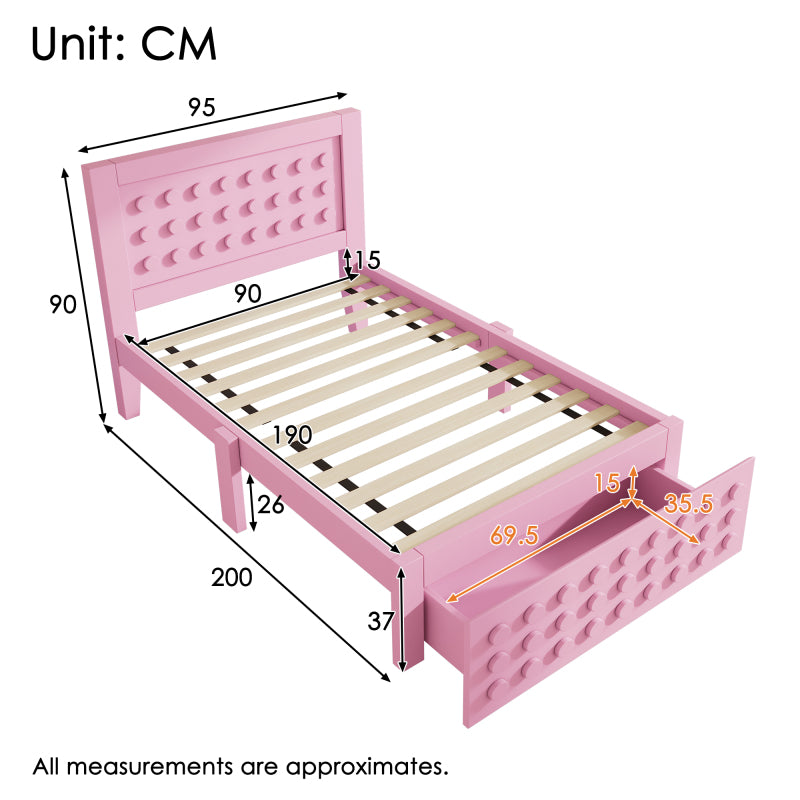 Holzbett Einzelbett 90x190 cm, Kinderbett Jugendbett mit Kreativem Block Design, Massivholz Bettgestell mit Lattenrost, mit Schubladen & Unterm Bett Stauraum, Rosa, Ohne Matratze