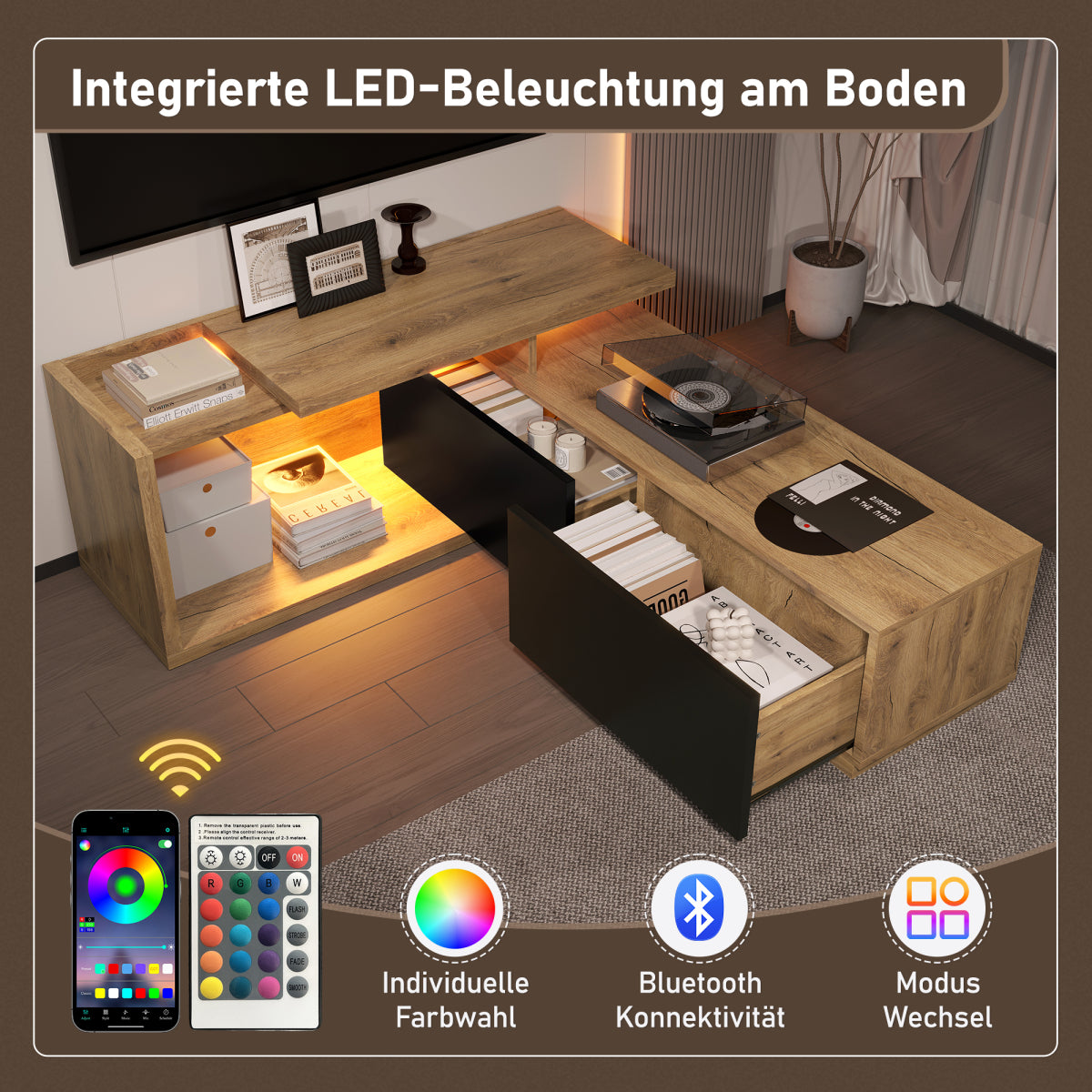 TV-Schrank ausziehbar,  Lowboard Modern mit LED-Beleuchtung
