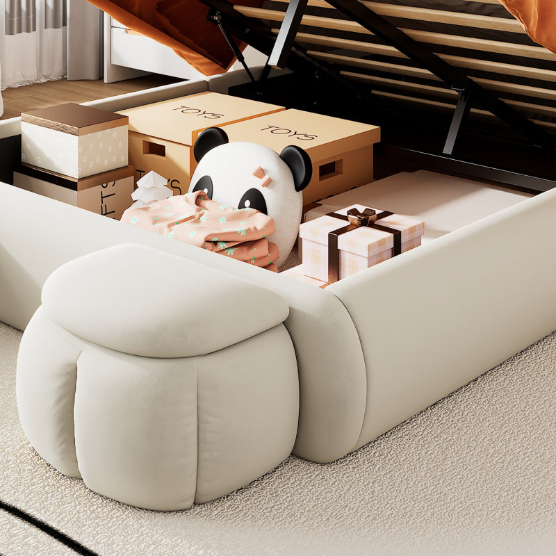 Polsterbett, Doppelbett, hydraulisches Bett, Hasenohren mit einstellbarer Helligkeit warmfarbenen Lichtstreifen, Stauraum unter dem Bett, zwei Aufbewahrungshockern, Samt, Beige, 140x200cm