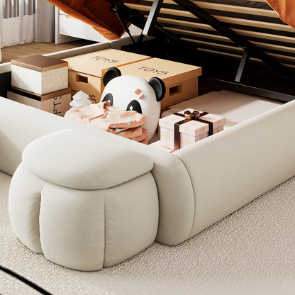 Polsterbett, Doppelbett, hydraulisches Bett, Hasenohren mit einstellbarer Helligkeit warmfarbenen Lichtstreifen, Stauraum unter dem Bett, zwei Aufbewahrungshockern, Samt, Beige, 140x200cm
