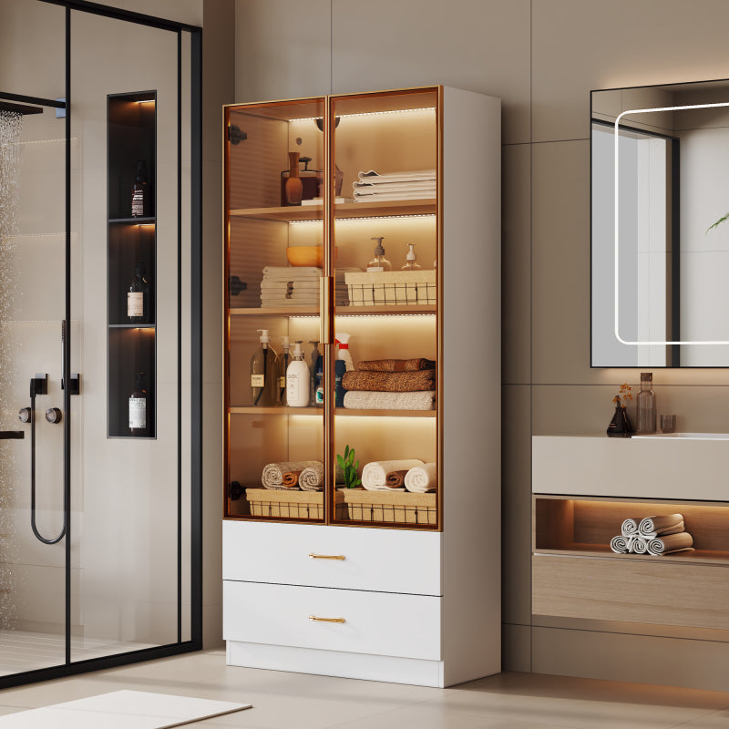 Badezimmerschrank, mittel, mit Lichtleiste, 75 cm breit, mit 2 großen Schubladen und 2 Türen, Glastür