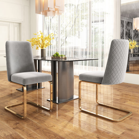 Samt-Esszimmerstuhl, 2er-Set, Lounge-Sessel, Diamant-Rücken-Design, mit goldfarbenen Metall-Stützbeinen, Grau