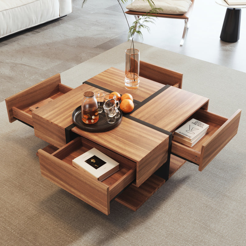Couchtisch, Tisch mit 4 Schubladen, einzigartige Farbabstimmung und Liniendesign, Stauraum unten. 78*78*36cm