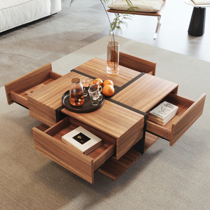 Couchtisch, Tisch mit 4 Schubladen, einzigartige Farbabstimmung und Liniendesign, Stauraum unten. 78*78*36cm