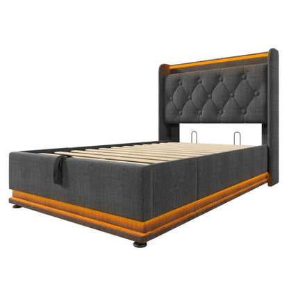 Polsterbett einzelbett,360-Surround-LED-Funktion, Drucktaste/App/Fernbedienung,90*200 cm, Grau Leinen-Material Hydraulisches Lagerbett, gepolstertes Kopfteil mit USB Typ-C Ladefunktion (Ohne Matratze)