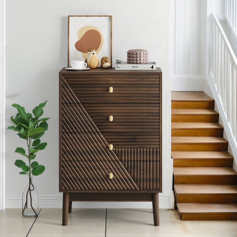 Kommode mit 4 Schubladen, Aufbewahrungsschrank aus Holz, Frisiertisch-Aufbewahrungsschrank für Wohnzimmer, Schlafzimmer, Flur, Walnuss