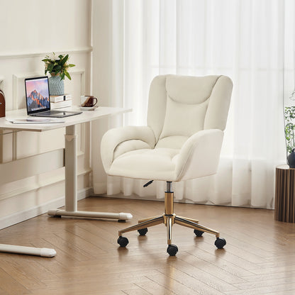 Full KD Velvet Stoffmaterial Höhenverstellbarer Drehstuhl für das Home-Office im Innenbereich mit goldenen Beinen, Elfenbein