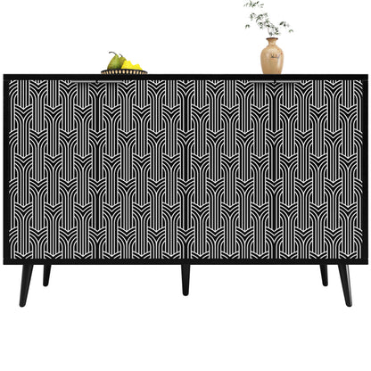 Esszimmerschrank (120×35×78cm), Esszimmer- und Wohnzimmer-Aufbewahrungsschrank, einzigartiges Schranktürdesign, freistehender Schrank, Antidumping, Fischgrätenmuster, geschnitzte Tür, schwarz