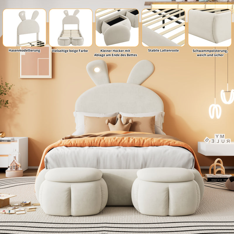 Polsterbett, Einzelbett, Hasenohren mit einstellbarer Helligkeit warmfarbenen Lichtstreifen, mit zwei Aufbewahrungshockern, Kinderbett mit Holzlatten, Samt, Beige, 90x200cm