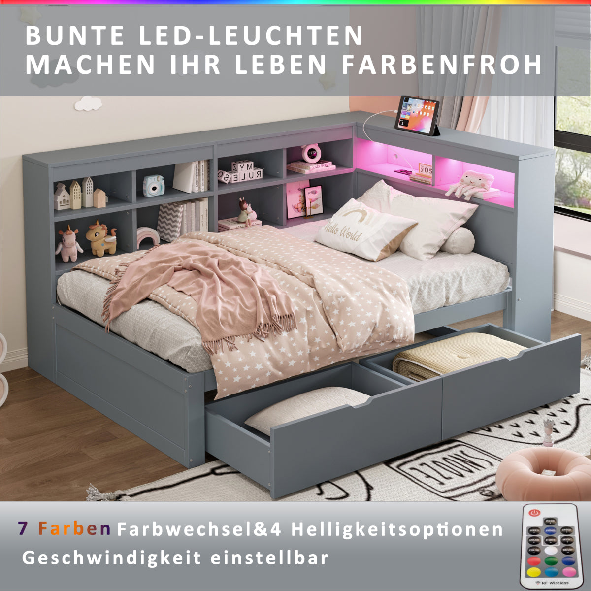Massivholz-Einzelbett 90x200 Weiß mit LED & USB-Steckdose - Multifunktionales Schlafsofa mit Regalen, Ablagefächern & viel Stauraum, Grau