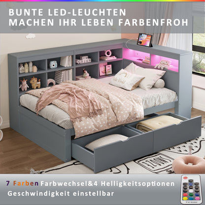 Massivholz-Einzelbett 90x200 Weiß mit LED & USB-Steckdose - Multifunktionales Schlafsofa mit Regalen, Ablagefächern & viel Stauraum, Grau
