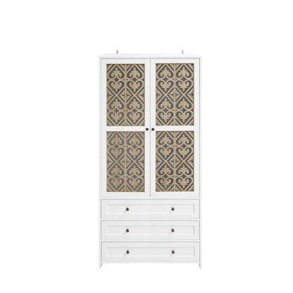 Weißer Aufbewahrungsschrank mit Schnitzmuster – Boho-Garderobenschrank mit Rattangeflecht, 3 Schubladen und Kleiderstange aus Aluminiumlegierung – ideal für Wohnzimmer, Schlafzimmer, Büro oder Arbeits