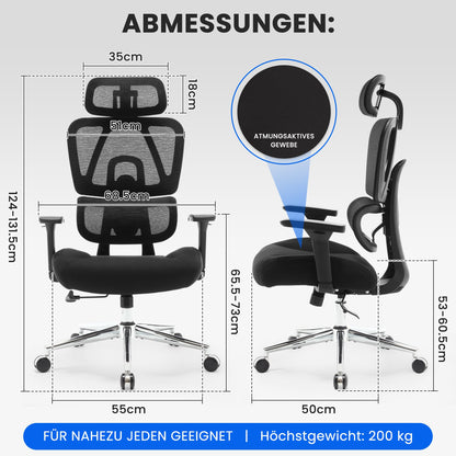 3D Ergonomischer Bürostuhl 200KG Großer und hoher Bürostuhl mit 3D Weiches Kissen 4D Armlehnen Schreibtischstuhl Mesh Bürostuhl für Haus und Büro Atmungsaktiver Netz-Chefsessel