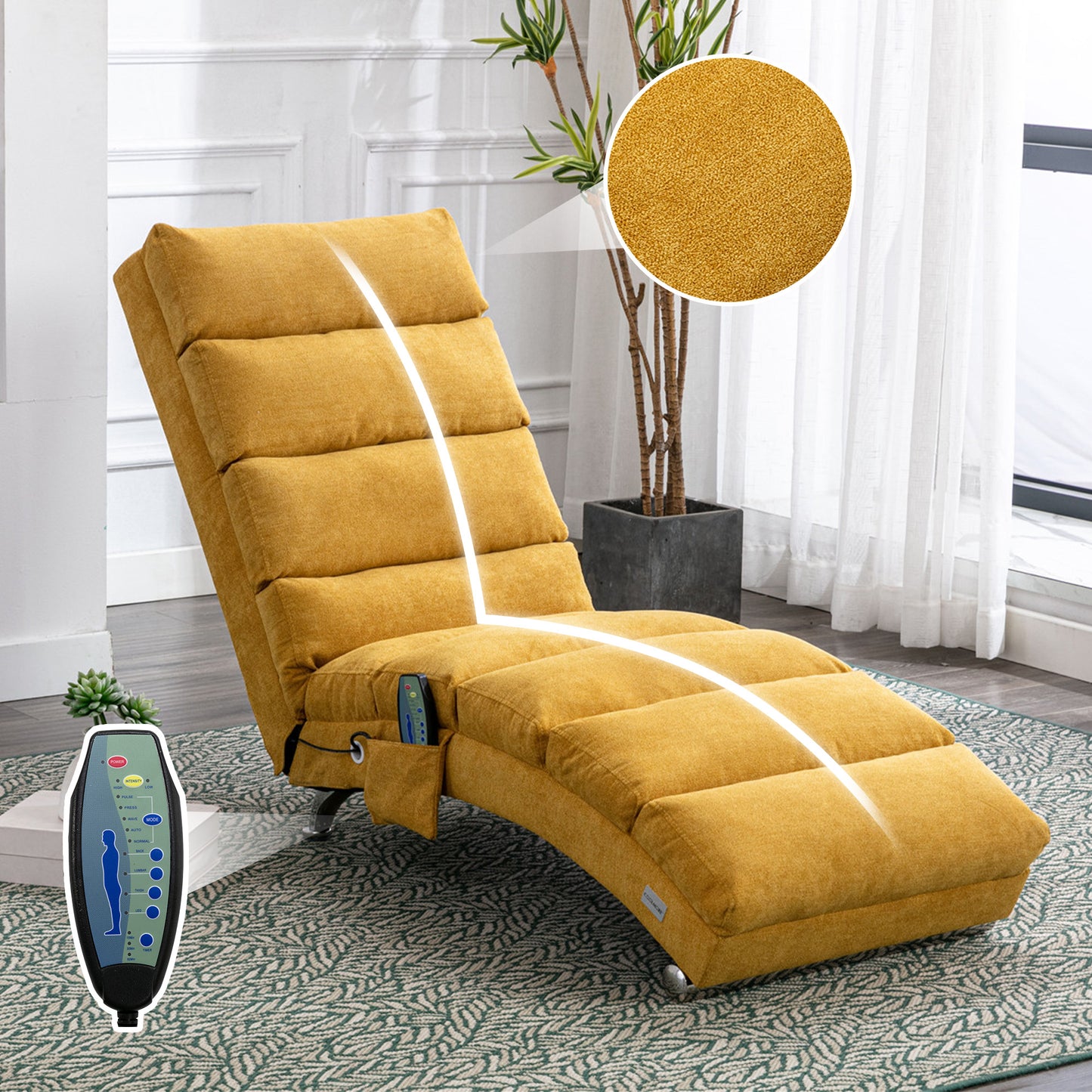 Entspannungsliege Polstersessel Liegesofa mit Vibrationsfunktion Ganzkörper Unterstützung Seitentaschen modernes Design Wohnzimmer Senfgelb