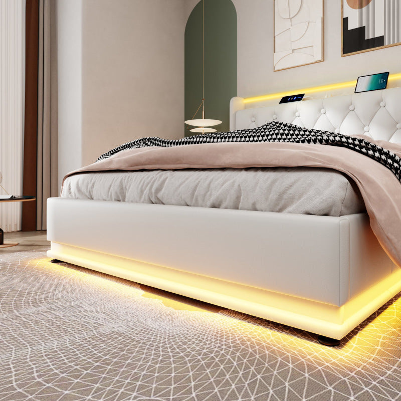 Polsterbett Doppelbett, 360-Surround-LED-Funktion, Drucktaste/App/Fernbedienung, 160*200 cm, weiß PU-Material Hydraulisches Lagerbett, gepolstertes Kopfteil mit USB Typ-C Ladefunktion (Mit Matratze)