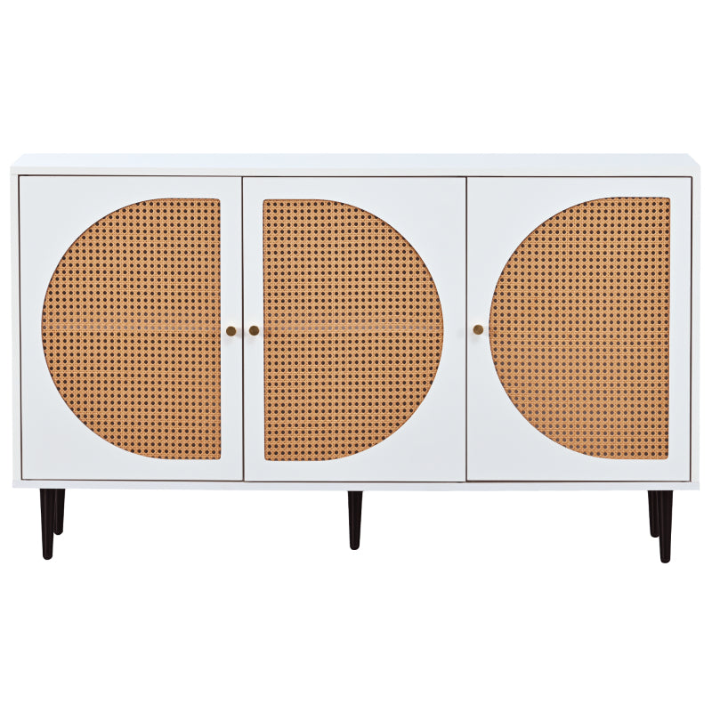 Sideboard mit 3 Rattan verzierten Türen Kommode Highboard mit Metallgriffe, für Schlafzimmer & Wohnräume & Büro, Weiß,129.8x 40x 76cm