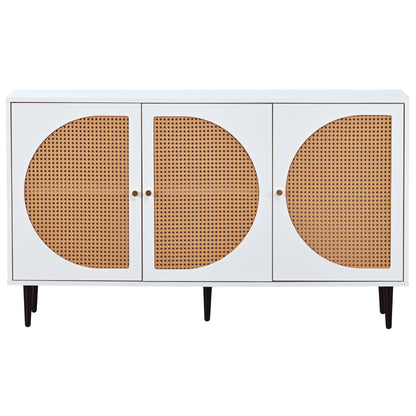 Sideboard mit 3 Rattan verzierten Türen Kommode Highboard mit Metallgriffe, für Schlafzimmer & Wohnräume & Büro, Weiß,129.8x 40x 76cm