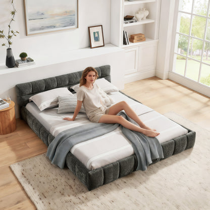 Doppelbett 160x200 cm mit Chenille Bezug Eukalyptusholz Eisenrahmen Dark Gray (ohne Matratze)