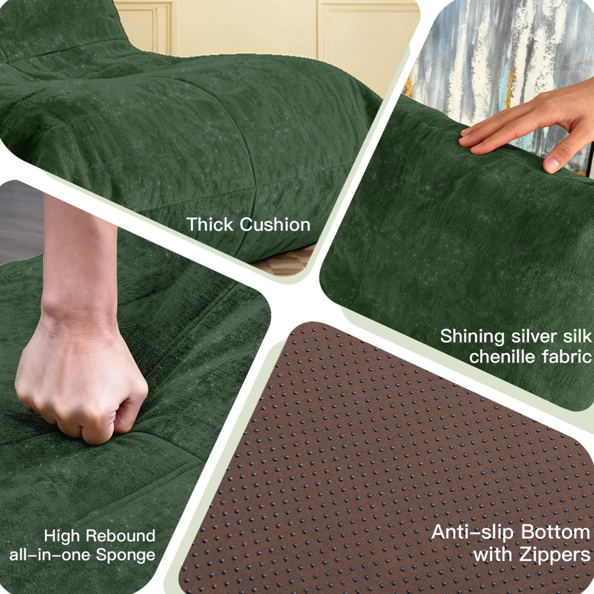Ergonomischer Sitzsack Sessel mit 5-Zonen-Körperunterstützung, Bean Bag Chair aus Chenille-Stoff, Grün
