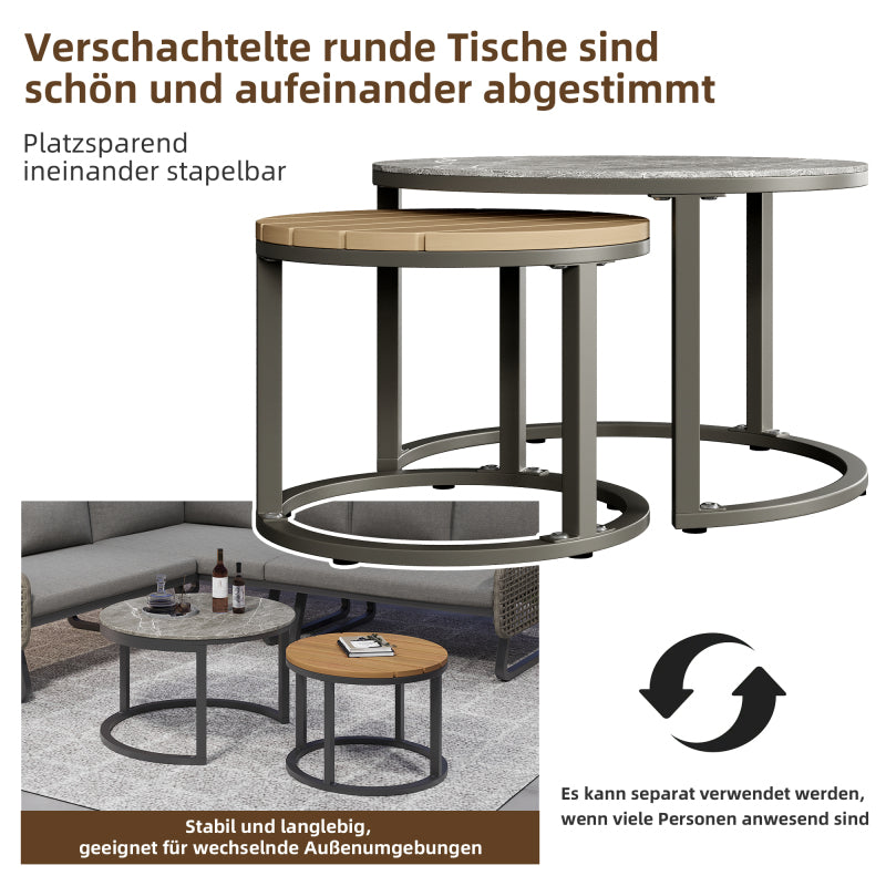 Gartenmöbel-Set für 6-7 Personen, Outdoor-Lounge-Set, Rattan-Handwerk, mit zwei Tischen, mit verzinktem Eisengestell, verstellbare Beine, inklusive aller Sitz- und Rückenkissen, grau