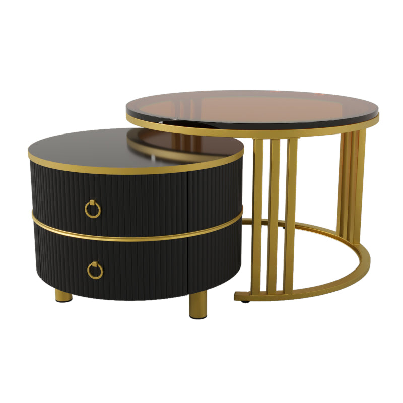 2-in-1 runder MDF-Couchtisch, Beistelltisch mit 1 Hochglanz-Tischplatte und 1 brauner Tischplatte aus gehärtetem Glas, Wohnzimmer-Couchtischkombination mit 2 Schubladen, 70*70*45 + 50*50*40 cm