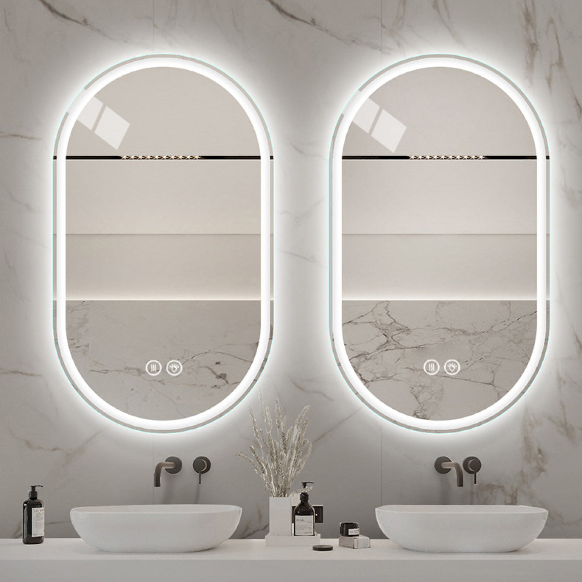 Ovaler LED Badezimmerspiegel 60×90 cm – rahmenlos, dimmbar, Anti-Beschlag, Touchscreen, Wandmontage, Smart Mirror