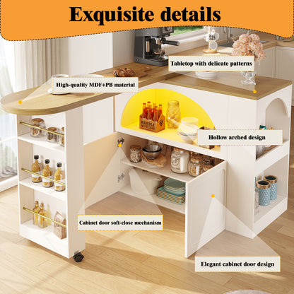 Ausziehbarer Bartisch 135-205cm mit LED & USB, Mobiler Hochtisch Weiß, Teleskop-Kücheninsel mit Stauraum & Soft-Close, Modernes Bogendesign