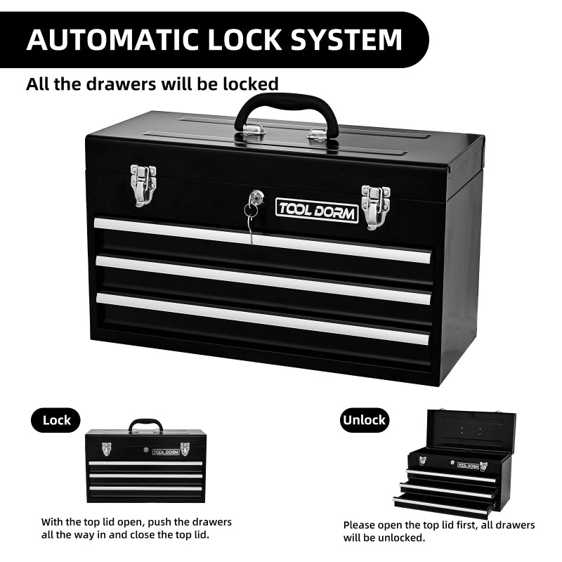20,3 Zoll großer Werkzeugkasten aus Metall mit Schubladen. Tragbarer Werkzeugkasten aus Stahlmetall mit Schutzauskleidung (Schwarz, 3 Schubladen)