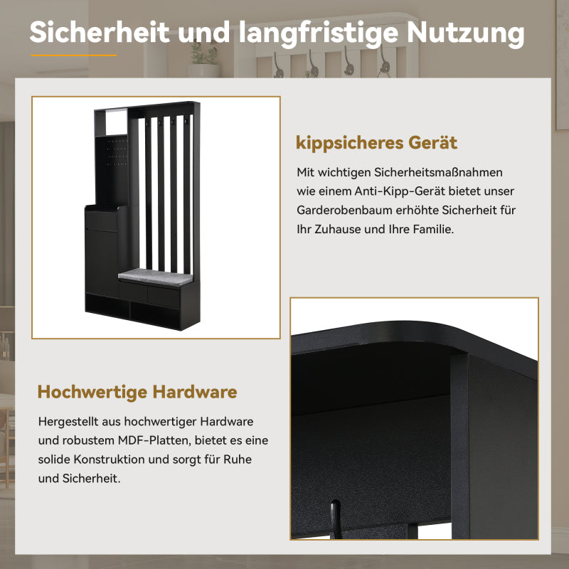 Flurgarderobe mit gepolsterter Aufbewahrungsbank, multifunktionaler Flur-Schuhschrank mit Stecktafel, moderne Garderobe mit 4 Haken für Eingangsbereich, Waschküche, Schwarz,H180/B100/T35 cm