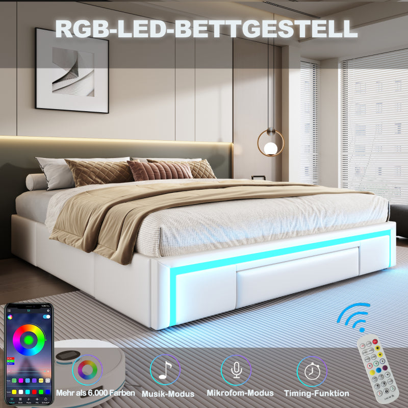 Bettgestell 180X200 mit Schubladen, PU-Leder Bett ohne Kopfteil Mit LED-Lichtleiste, MetalllattenPlattformbett für moderne Schlafzimmer Beige