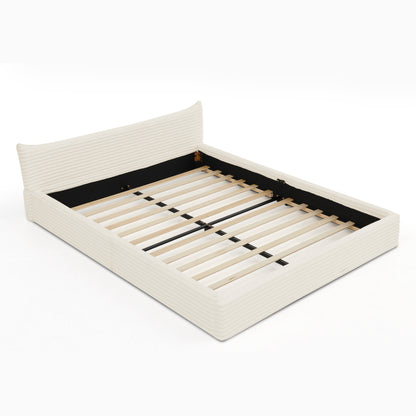 Doppelbett 160x200cm, mit Samtweichem Chenille-Bezug & Elegantem Kleinkantendesign am Kopfende, Beige (ohne Matratze)