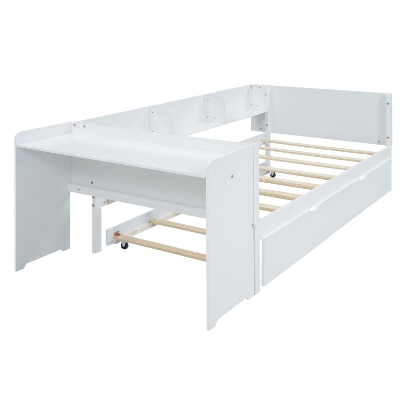 90*200cm, Flachbett, mit ausziehbarem Bett, mit Schreibtisch, drei Regale an der Seite des Bettes,  Weiß