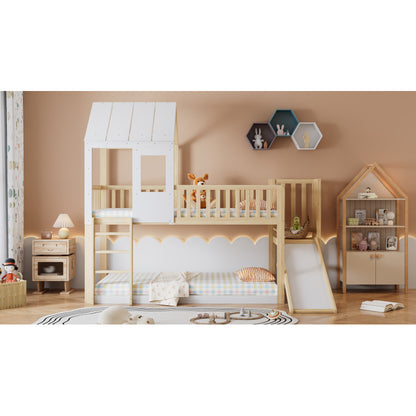 Etagenbett mit rechtwinkliger Leiter und Rutsche, Hausbett mit Dach und Fenster, Kinderbett mit Fallschutz und Gitter, Rahmen aus Kiefer, Natur+Weiß (90x200cm)