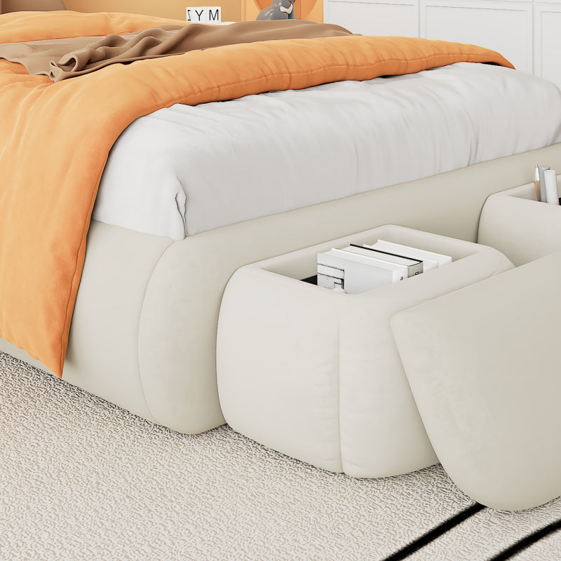 Polsterbett, Einzelbett, Hasenohren mit einstellbarer Helligkeit warmfarbenen Lichtstreifen, mit zwei Aufbewahrungshockern, Kinderbett mit Holzlatten, Samt, Beige, 90x200cm