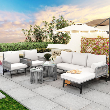 Gartenlounge-Set, Gartenmöbel-Set, Mit Eisenrahmen und grauem Seil, Gartenmöbel aus gewebtem Seil für den Außenbereich, Grau, Zwei Sessel, zwei 2-Sitzer-Sofas und zwei Tische (alle Kissen inklusive)